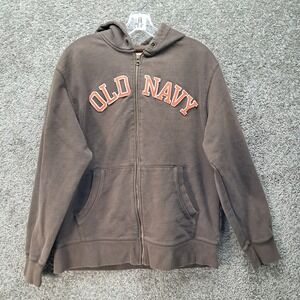 Old Navy Womens Large Brown Full Zip Hoodie Orange Arch Logo Fleece Sweatshirt